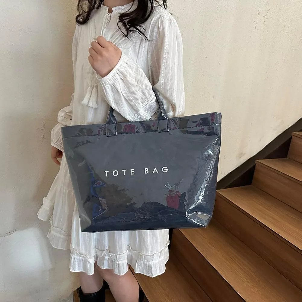 PVC Tote Bag Women's Letters Print Large Kraft Paper Carry All Bag Top Handle Clear Hobo Handbag Easy to Clean