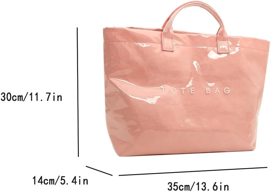 PVC Tote Bag Women's Letters Print Large Kraft Paper Carry All Bag Top Handle Clear Hobo Handbag Easy to Clean