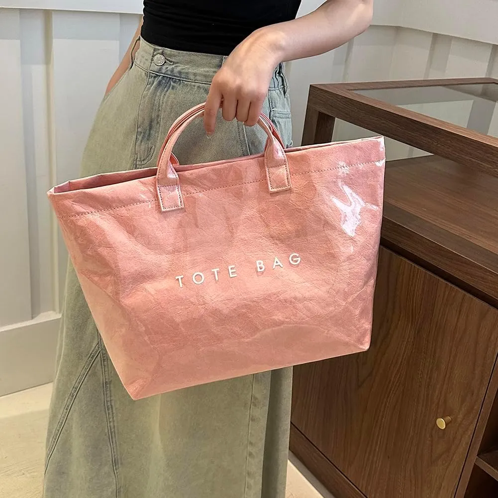 PVC Tote Bag Women's Letters Print Large Kraft Paper Carry All Bag Top Handle Clear Hobo Handbag Easy to Clean