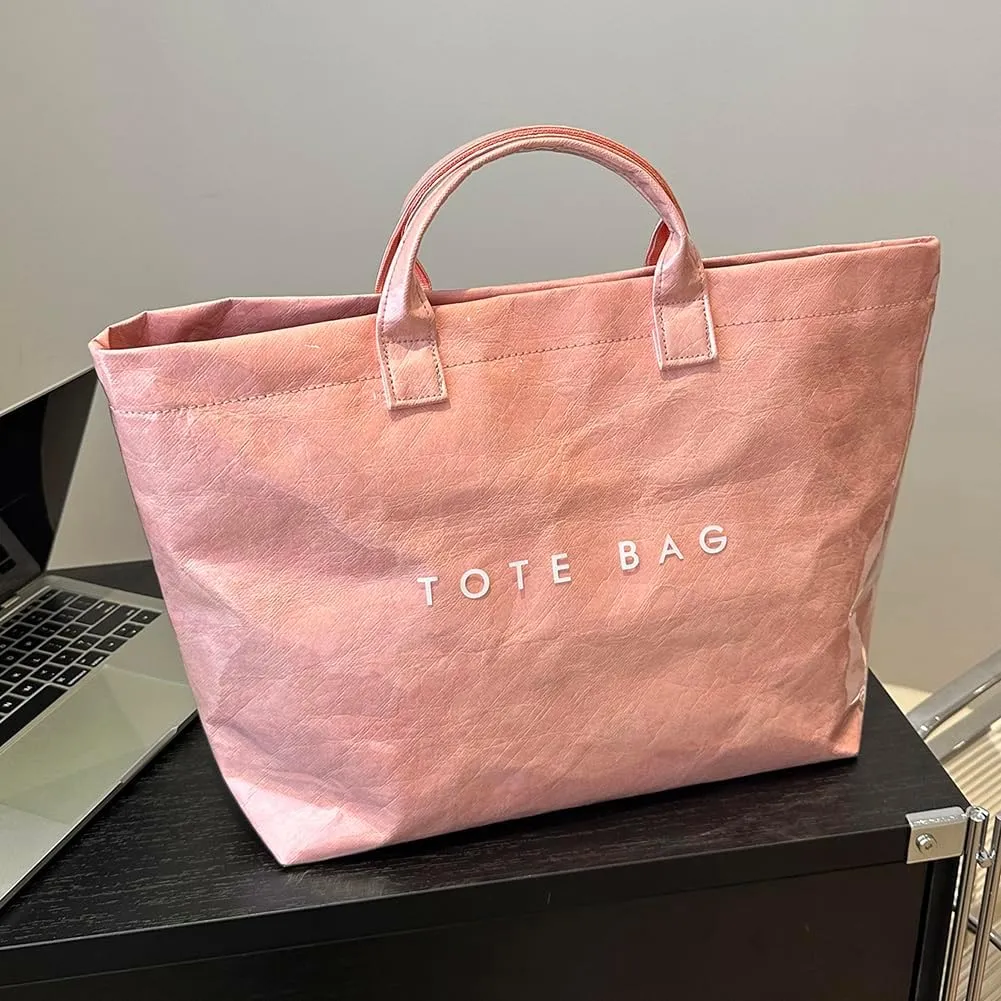 PVC Tote Bag Women's Letters Print Large Kraft Paper Carry All Bag Top Handle Clear Hobo Handbag Easy to Clean