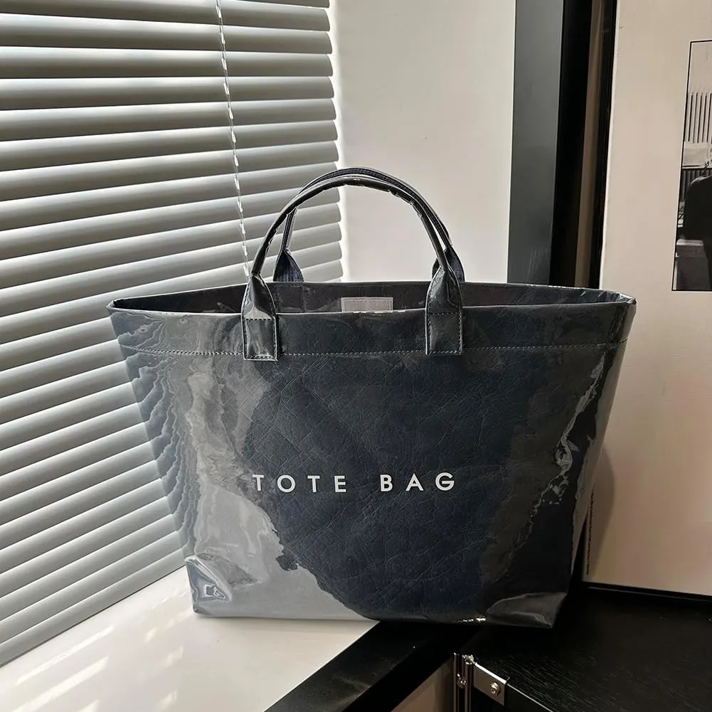 PVC Tote Bag Women's Letters Print Large Kraft Paper Carry All Bag Top Handle Clear Hobo Handbag Easy to Clean