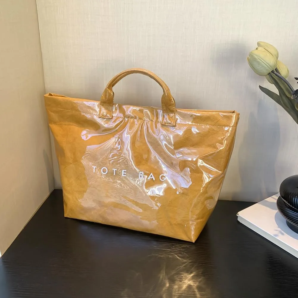 PVC Tote Bag Women's Letters Print Large Kraft Paper Carry All Bag Top Handle Clear Hobo Handbag Easy to Clean
