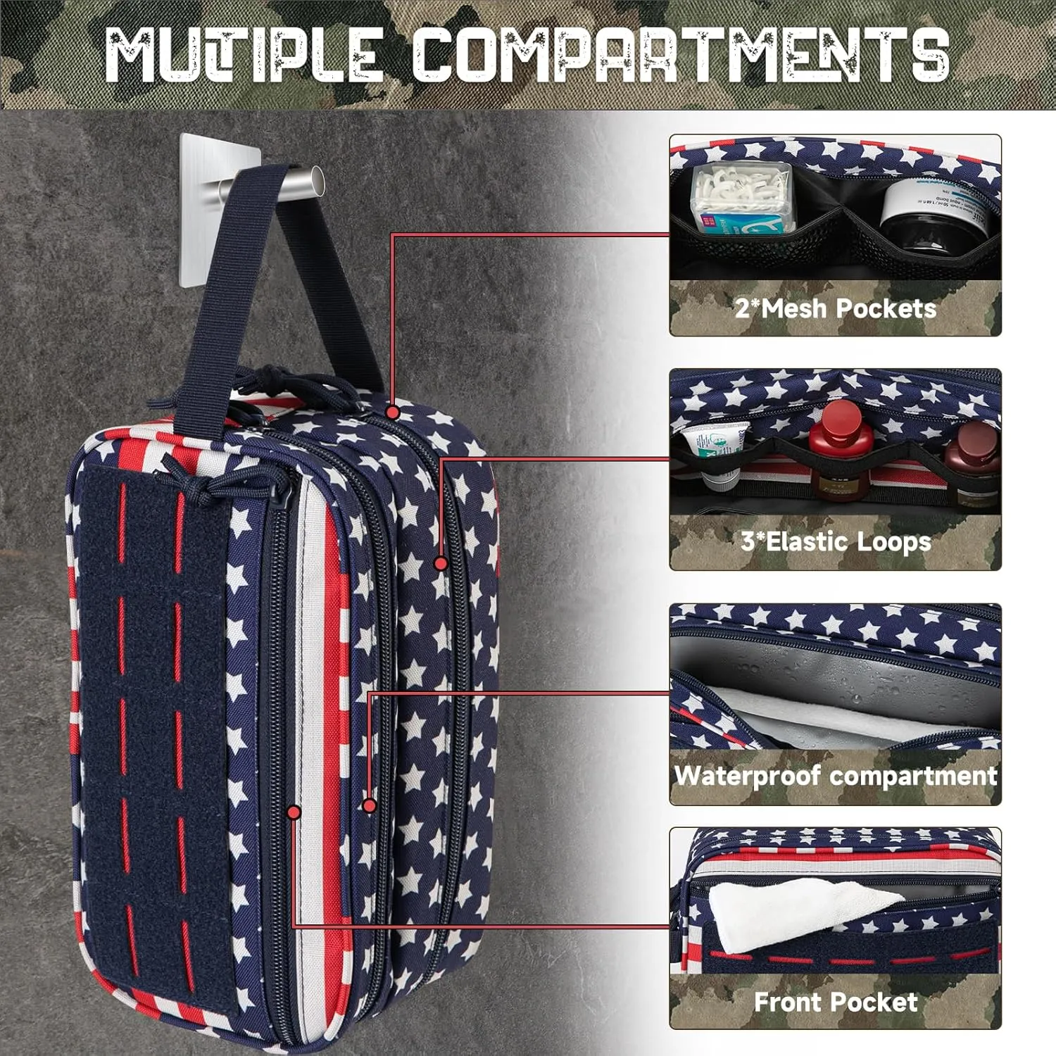 QT&QY Tactical Toiletry Bag For Men Hygiene Bag EDC Military Tool Molle Pouches Small Dopp Kit Mens Shaving Kit Travel shower Bags Star-Spangled
