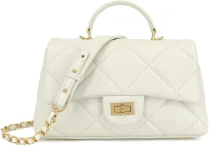 Quilted Leather Crossbody Bags for Women w/Detachable Gold Chain Strap, Designer Small Top Handle Bag, Shoulder Flap Purse