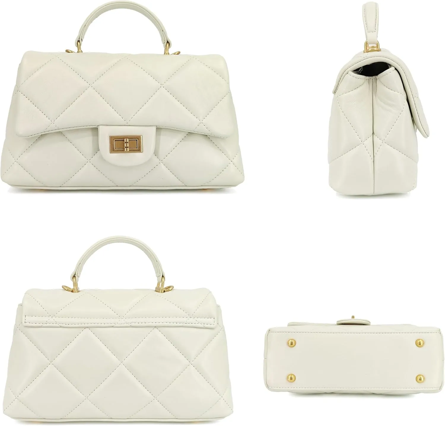 Quilted Leather Crossbody Bags for Women w/Detachable Gold Chain Strap, Designer Small Top Handle Bag, Shoulder Flap Purse