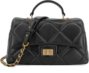 Quilted Leather Crossbody Bags for Women w/Detachable Gold Chain Strap, Designer Small Top Handle Bag, Shoulder Flap Purse