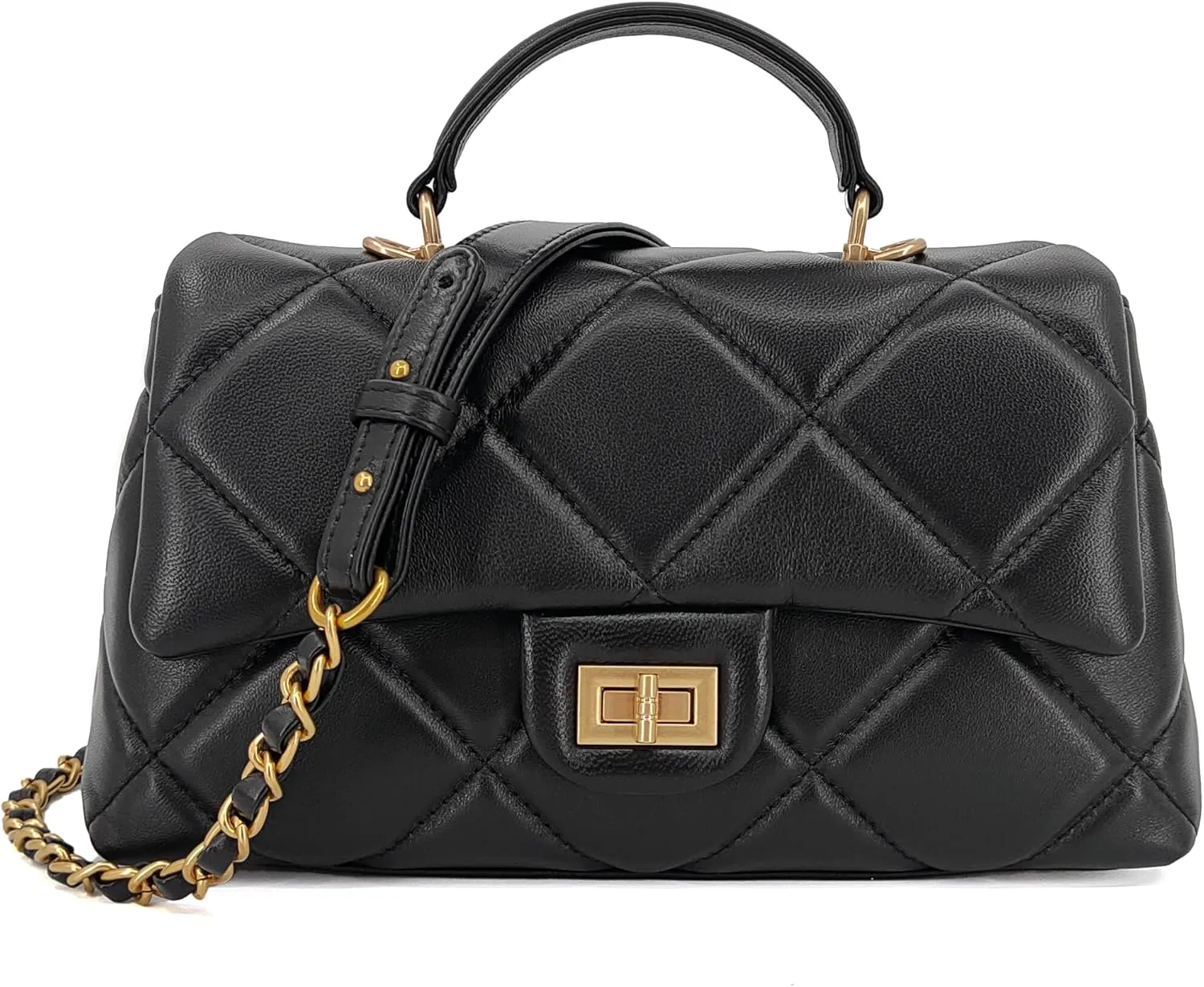 Quilted Leather Crossbody Bags for Women w/Detachable Gold Chain Strap, Designer Small Top Handle Bag, Shoulder Flap Purse