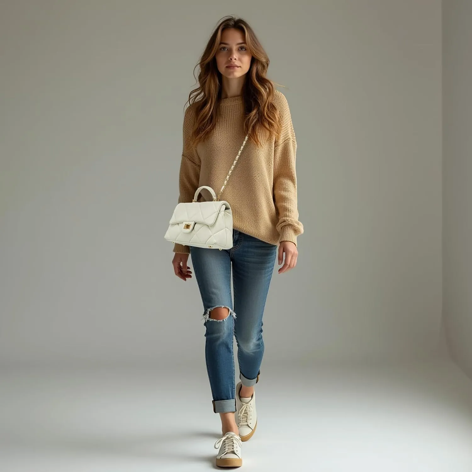 Quilted Leather Crossbody Bags for Women w/Detachable Gold Chain Strap, Designer Small Top Handle Bag, Shoulder Flap Purse