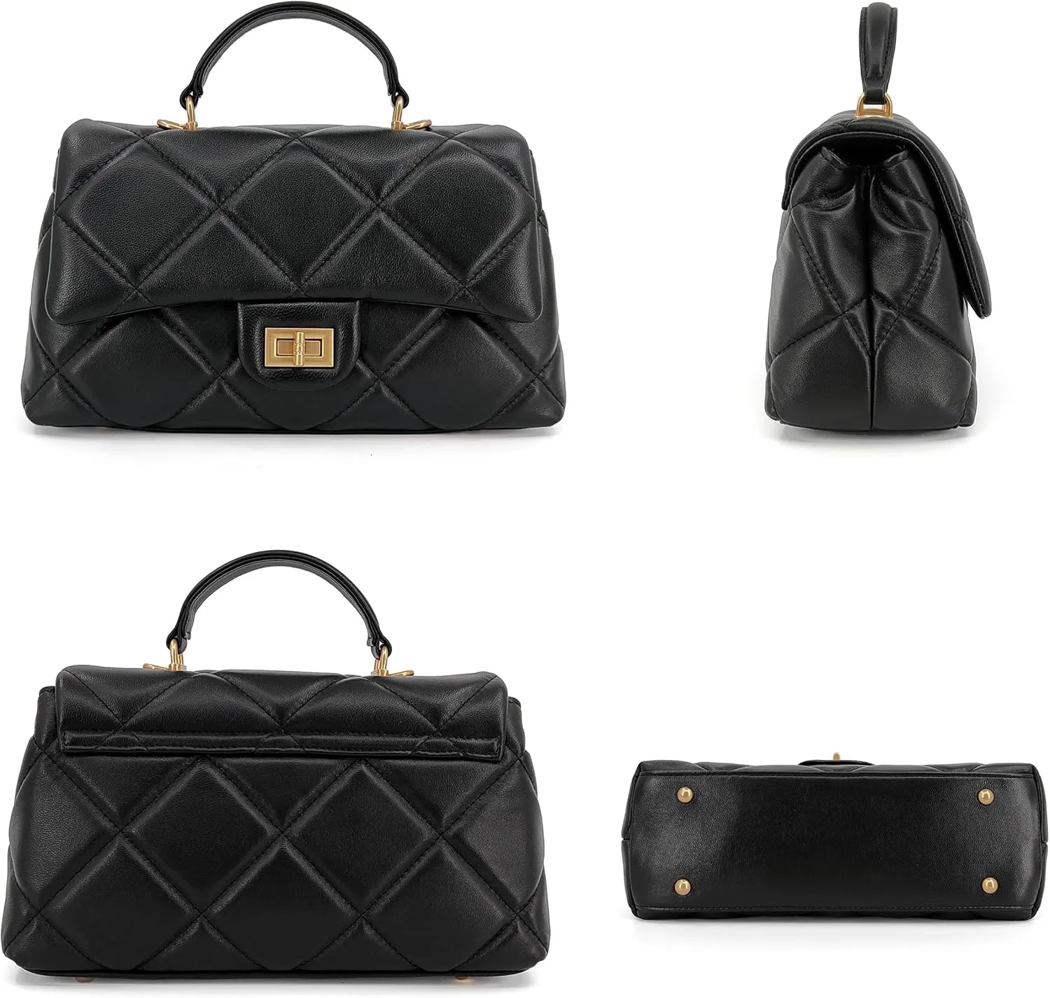 Quilted Leather Crossbody Bags for Women w/Detachable Gold Chain Strap, Designer Small Top Handle Bag, Shoulder Flap Purse