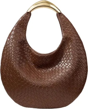 QWINEE Women's Woven Handbag Elegant Clutch Purse Metal Top Handle Cresent Evening Bag Retro PU Leather Clutch Purse