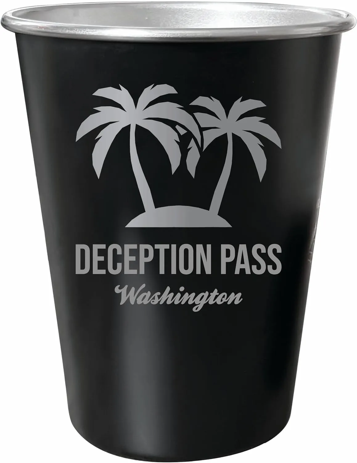 R and R Imports Deception Pass Washington Souvenir Engraved 8 oz Black Matte Tin Cup Palm Design 4-Pack with Gift Bag