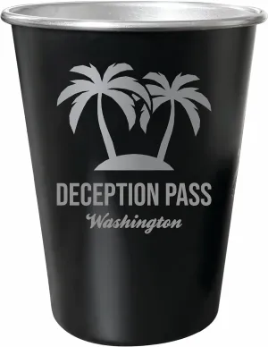 R and R Imports Deception Pass Washington Souvenir Engraved 8 oz Black Matte Tin Cup Palm Design 4-Pack with Gift Bag