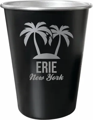 R and R Imports Erie New York Souvenir Engraved 8 oz Black Matte Tin Cup Palm Design 4-Pack with Gift Bag
