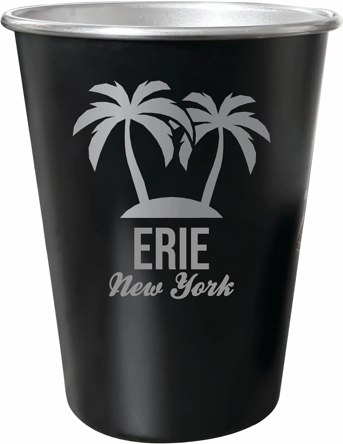 R and R Imports Erie New York Souvenir Engraved 8 oz Black Matte Tin Cup Palm Design 4-Pack with Gift Bag
