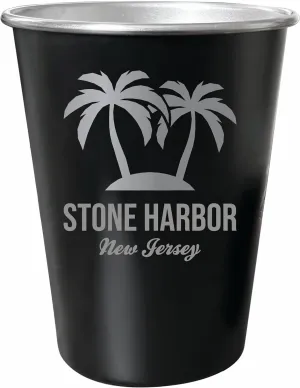 R and R Imports Stone Harbor New Jersey Souvenir Engraved 8 oz Black Matte Tin Cup Palm Design 4-Pack with Gift Bag
