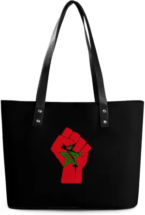 Raised Fist Morocco Flag Tote Bag Ladies Leather Handbags Large Western Purse Shoulder Bag