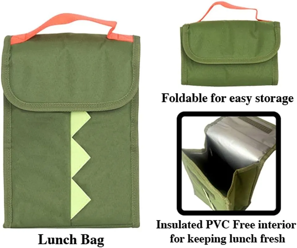 RALME Dinosaur Backpack Set for Kids, 16 inch, 6 Pieces - Includes Foldable Lunch Bag, Water Bottle, Key Chain, & Pencil Case