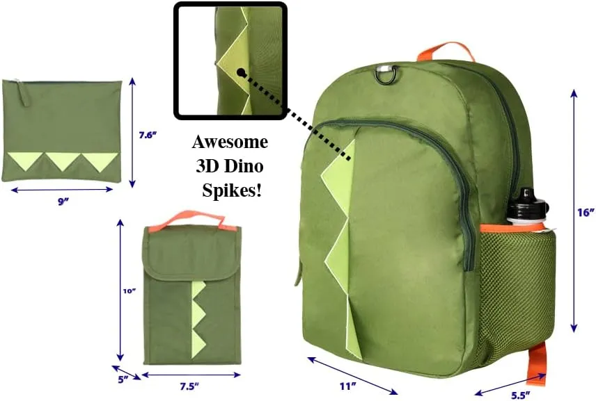 RALME Dinosaur Backpack Set for Kids, 16 inch, 6 Pieces - Includes Foldable Lunch Bag, Water Bottle, Key Chain, & Pencil Case