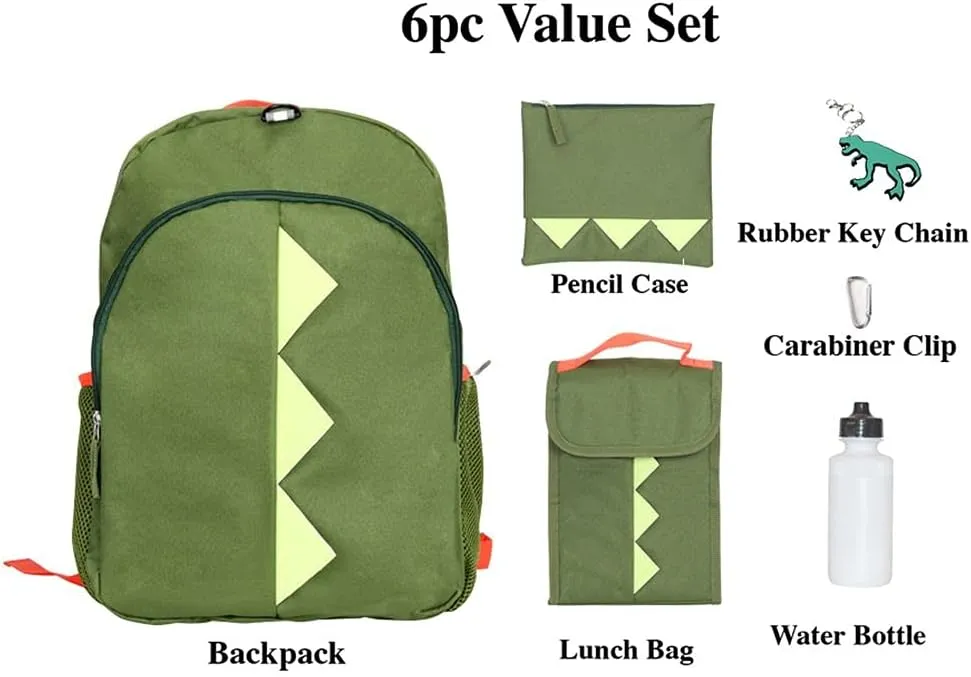 RALME Dinosaur Backpack Set for Kids, 16 inch, 6 Pieces - Includes Foldable Lunch Bag, Water Bottle, Key Chain, & Pencil Case
