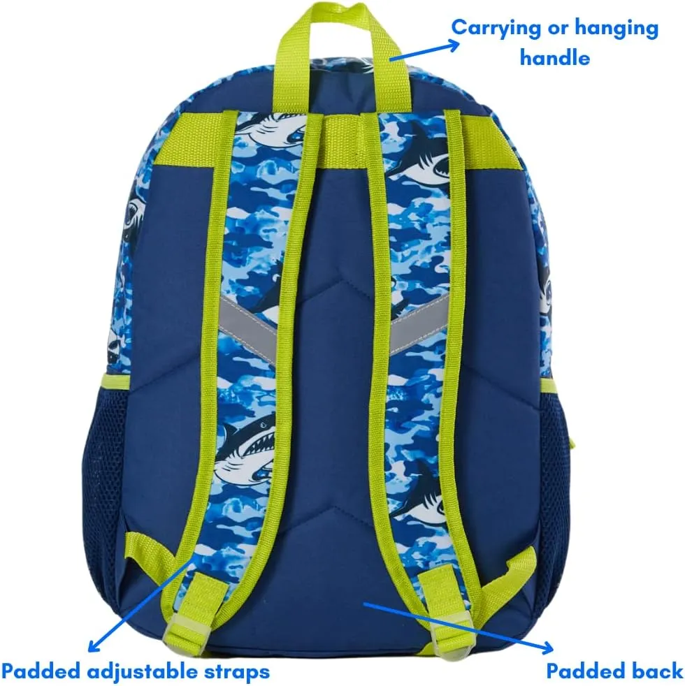 RALME Ocean Blue Camo Shark Backpack Set for Boys, 16 inch, 6 Pieces - Includes Foldable Lunch Bag, Water Bottle, Key Chain, & Pencil Case