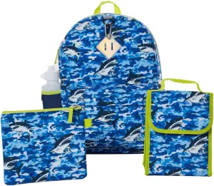 RALME Ocean Blue Camo Shark Backpack Set for Boys, 16 inch, 6 Pieces - Includes Foldable Lunch Bag, Water Bottle, Key Chain, & Pencil Case