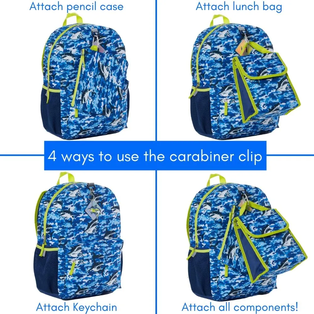 RALME Ocean Blue Camo Shark Backpack Set for Boys, 16 inch, 6 Pieces - Includes Foldable Lunch Bag, Water Bottle, Key Chain, & Pencil Case