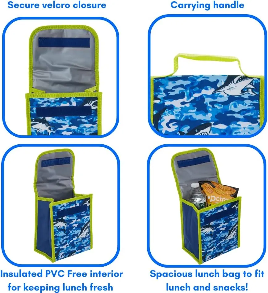 RALME Ocean Blue Camo Shark Backpack Set for Boys, 16 inch, 6 Pieces - Includes Foldable Lunch Bag, Water Bottle, Key Chain, & Pencil Case