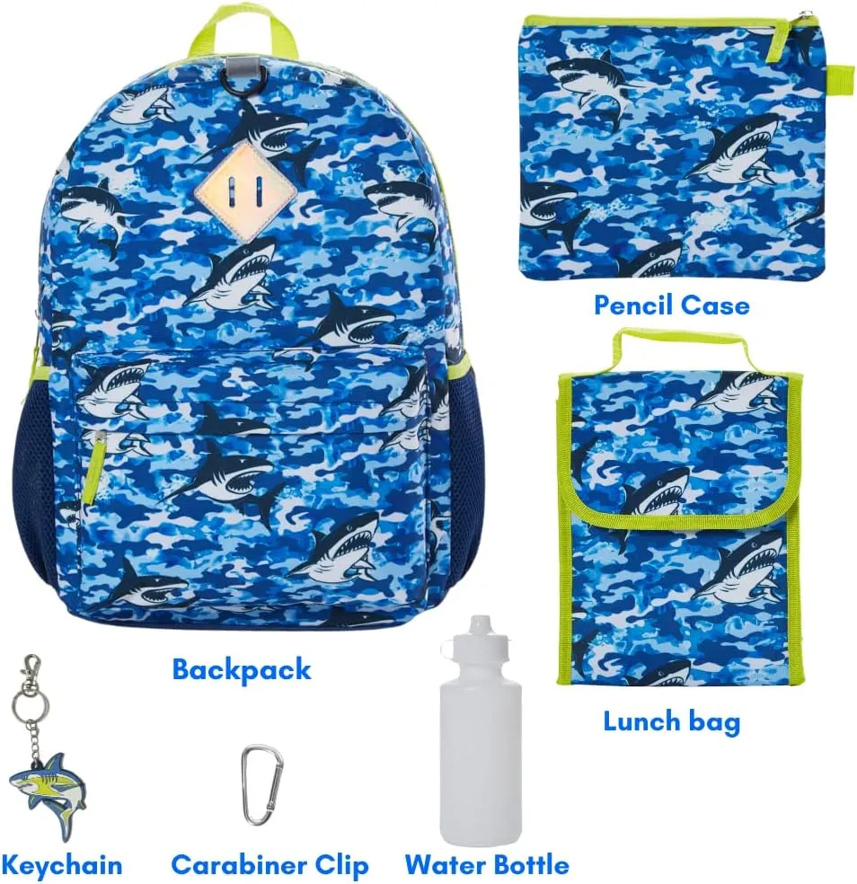 RALME Ocean Blue Camo Shark Backpack Set for Boys, 16 inch, 6 Pieces - Includes Foldable Lunch Bag, Water Bottle, Key Chain, & Pencil Case