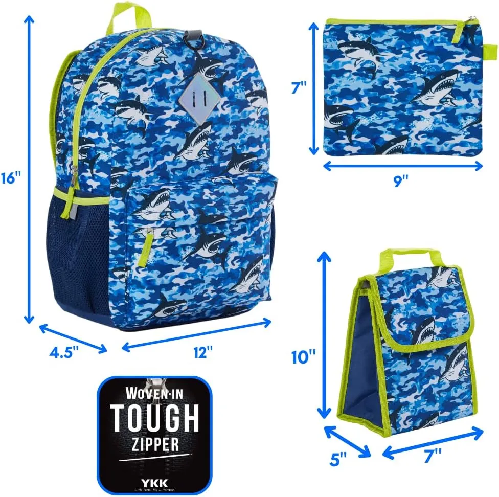 RALME Ocean Blue Camo Shark Backpack Set for Boys, 16 inch, 6 Pieces - Includes Foldable Lunch Bag, Water Bottle, Key Chain, & Pencil Case