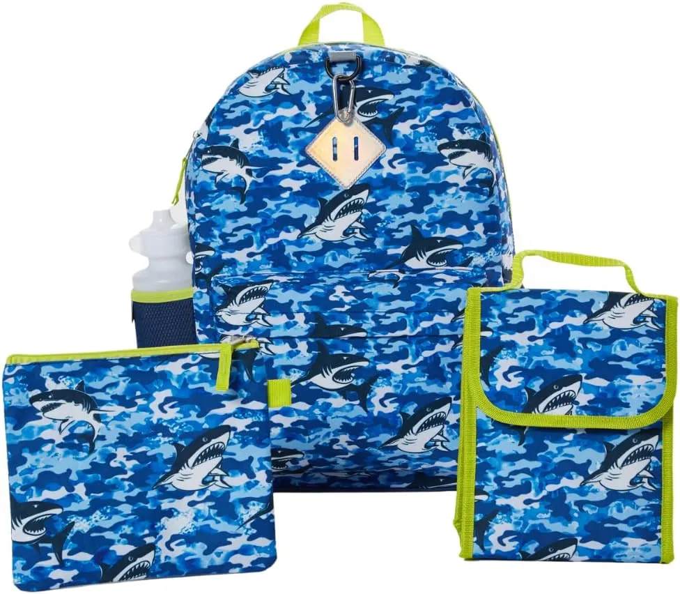 RALME Ocean Blue Camo Shark Backpack Set for Boys, 16 inch, 6 Pieces - Includes Foldable Lunch Bag, Water Bottle, Key Chain, & Pencil Case