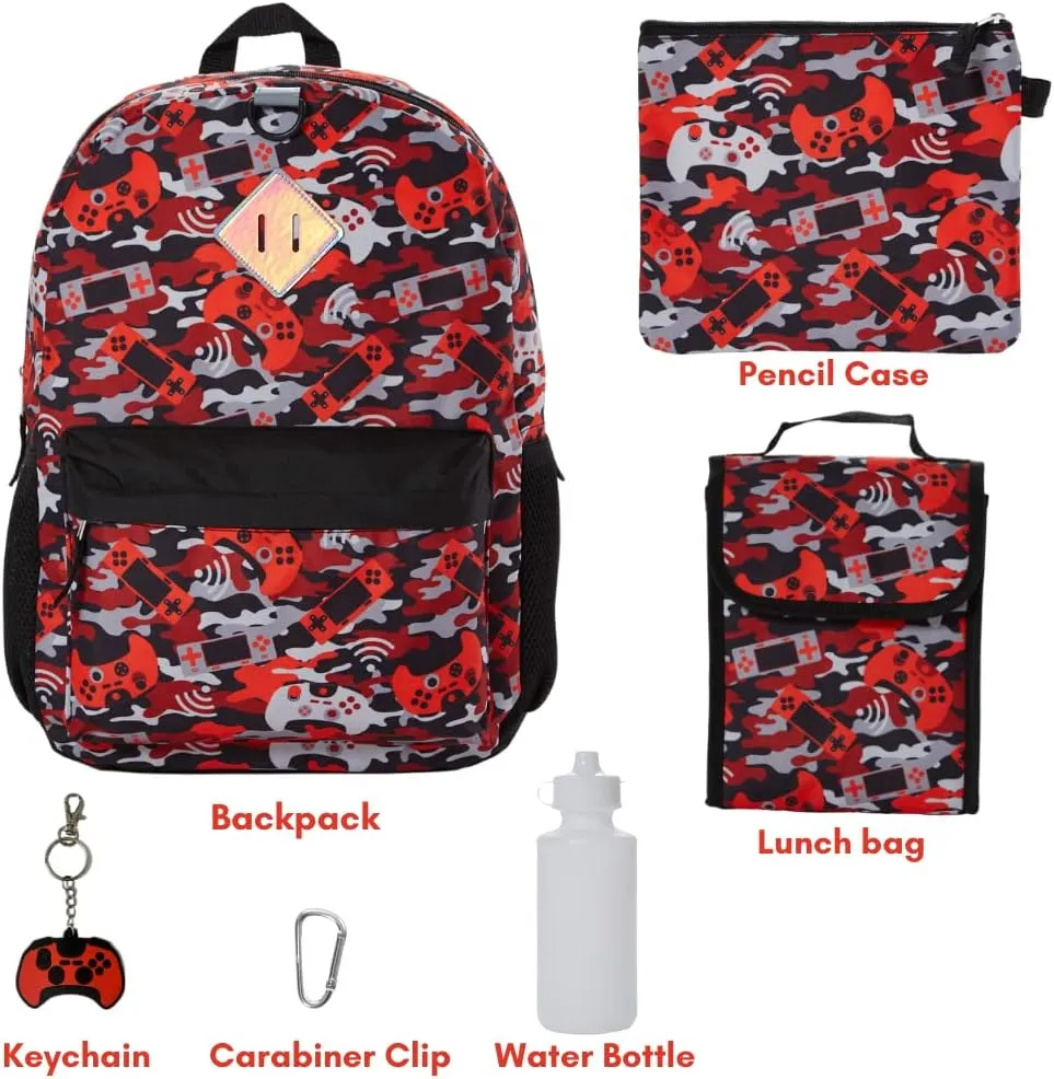 RALME Red Camo Gaming Backpack Set for Boys, 16 inch, 6 Pieces - Includes Foldable Lunch Bag, Water Bottle, Key Chain, & Pencil Case