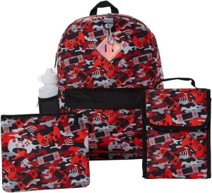 RALME Red Camo Gaming Backpack Set for Boys, 16 inch, 6 Pieces - Includes Foldable Lunch Bag, Water Bottle, Key Chain, & Pencil Case