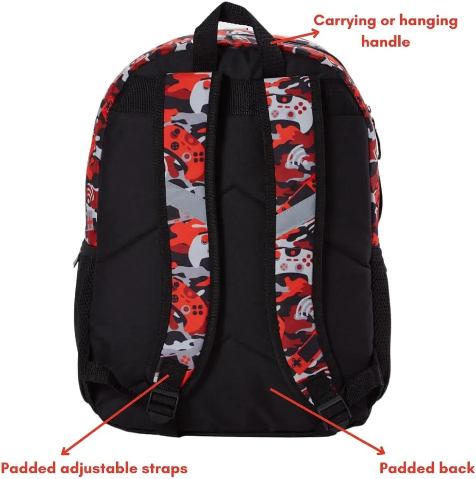 RALME Red Camo Gaming Backpack Set for Boys, 16 inch, 6 Pieces - Includes Foldable Lunch Bag, Water Bottle, Key Chain, & Pencil Case