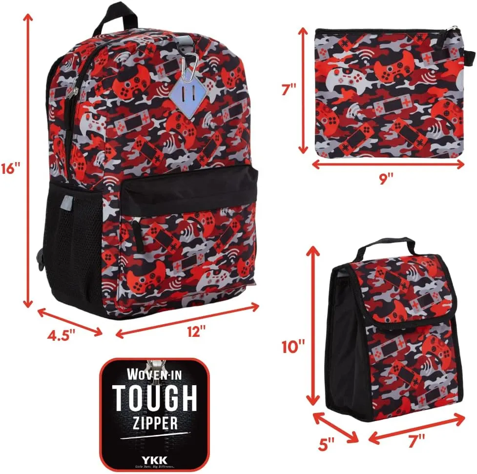 RALME Red Camo Gaming Backpack Set for Boys, 16 inch, 6 Pieces - Includes Foldable Lunch Bag, Water Bottle, Key Chain, & Pencil Case