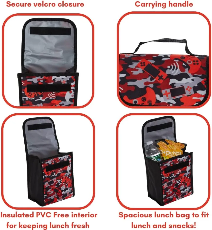 RALME Red Camo Gaming Backpack Set for Boys, 16 inch, 6 Pieces - Includes Foldable Lunch Bag, Water Bottle, Key Chain, & Pencil Case