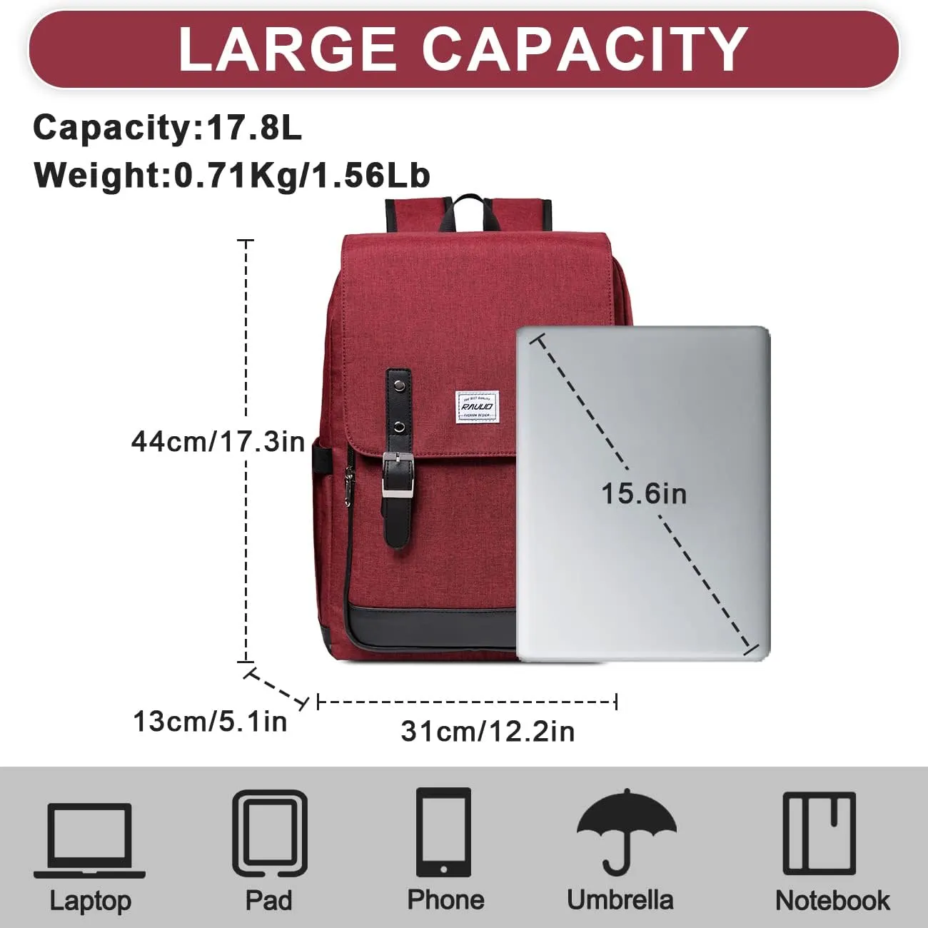 RAVUO Backpack Men Women, Water Resistant 15.6 inch Laptop Haversacks College Bag Casual Daypack Travel Flap Rucksack