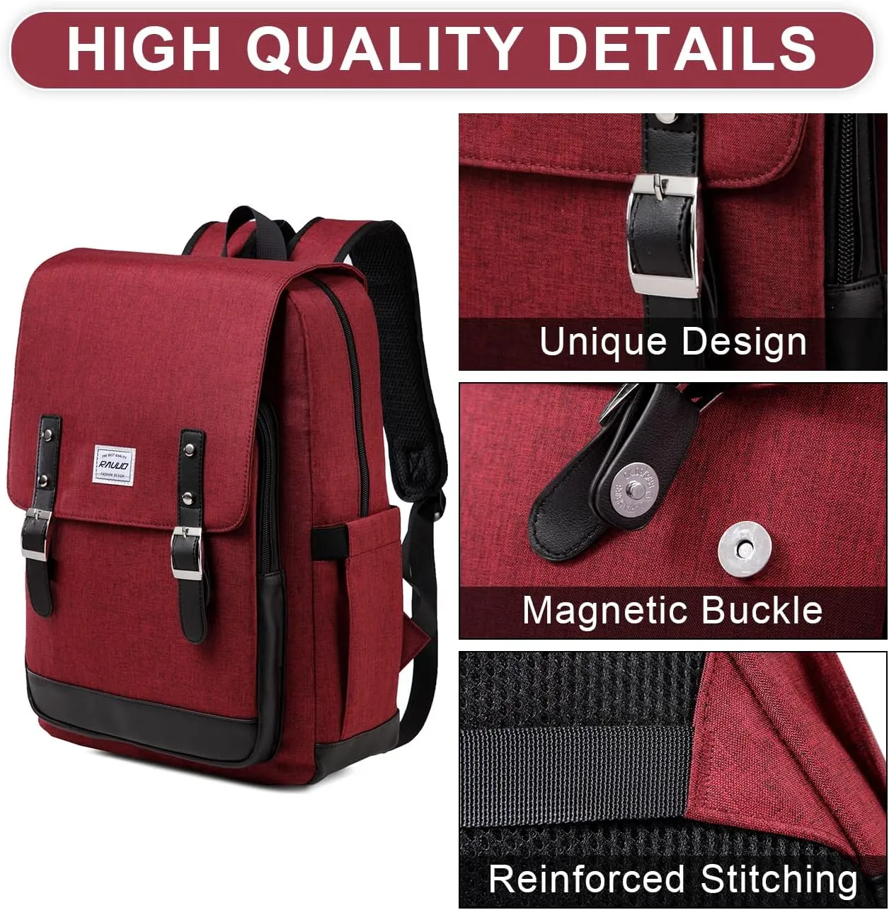 RAVUO Backpack Men Women, Water Resistant 15.6 inch Laptop Haversacks College Bag Casual Daypack Travel Flap Rucksack