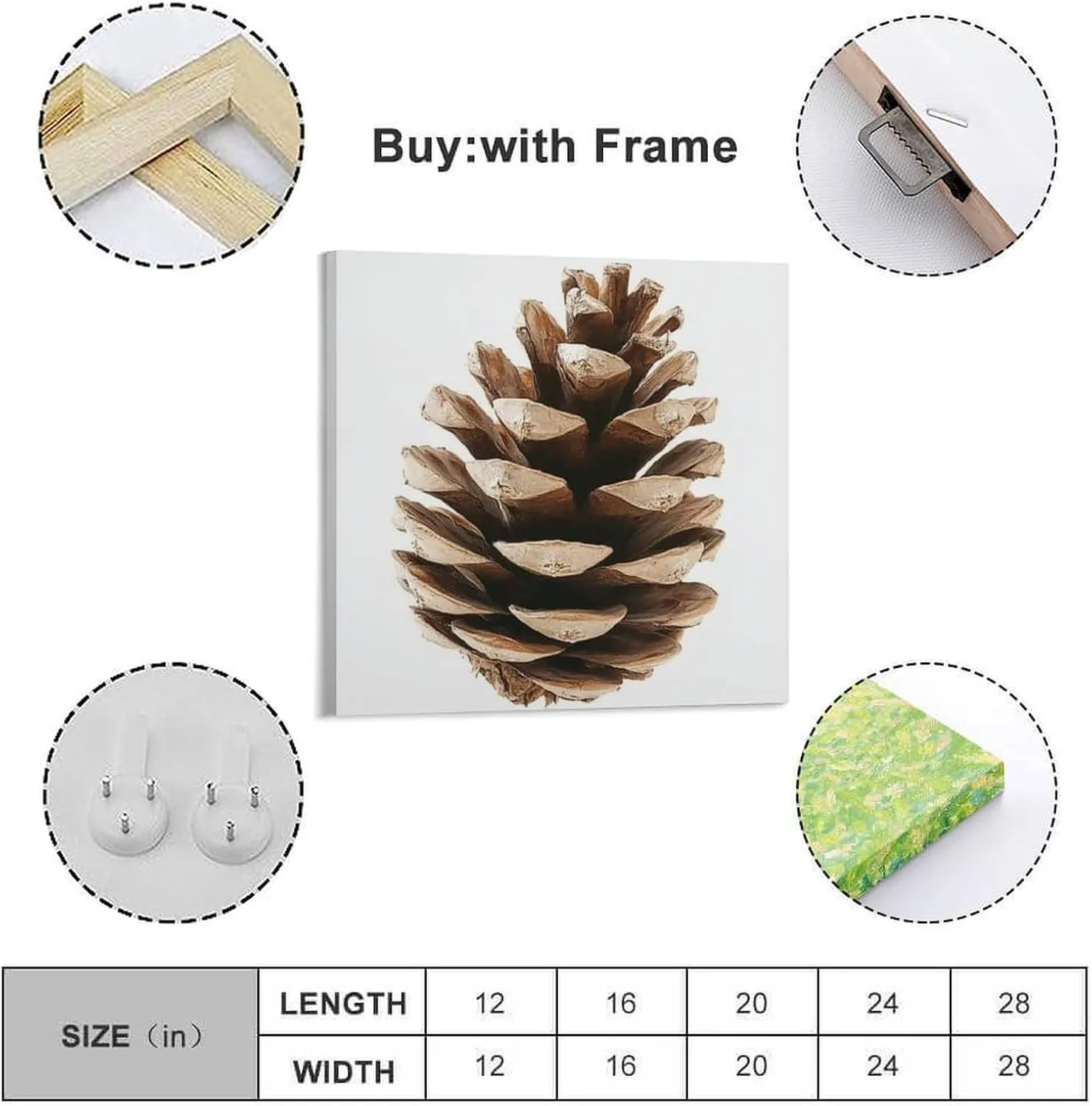 Reccmeny Pine Cone Canvas Wall Art Poster Picture for Living Room 24x24inch(60x60cm) Frame