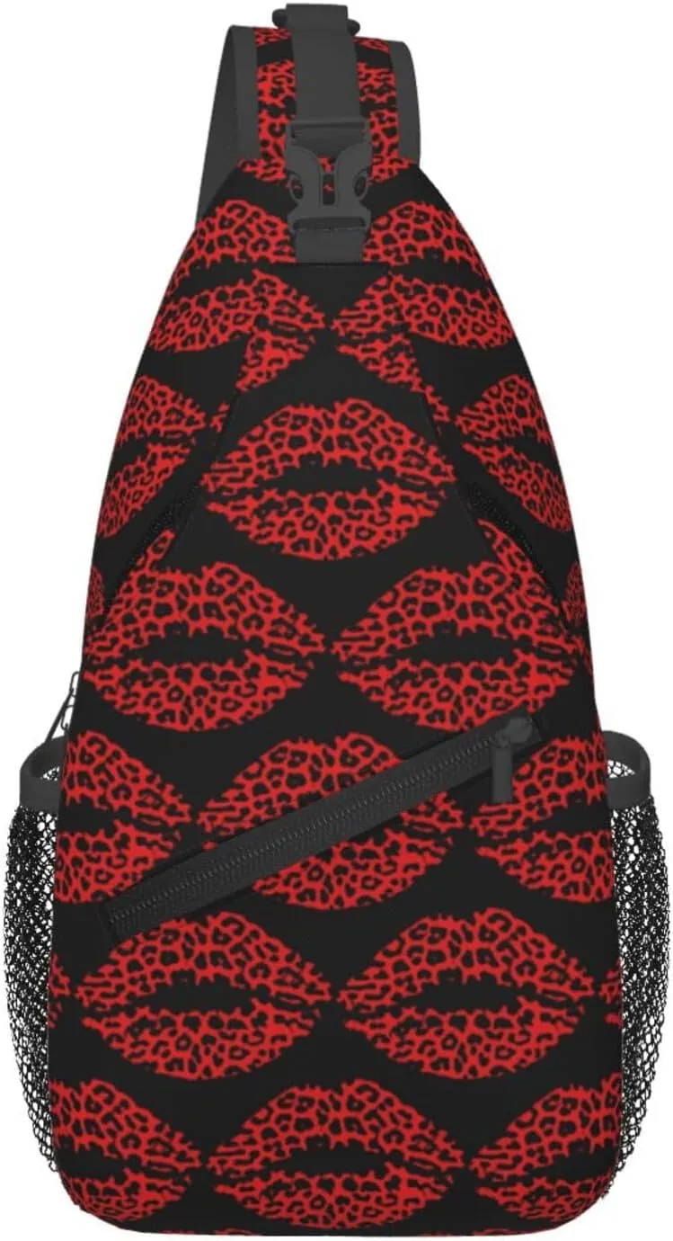 Red Black Leopard Lips Crossbody Bag Cross Chest Bag Adjustable Sling Backpack Sports Gym Shoulder Bags Travel Cycling Daypack Diagonally Casual Rucksack