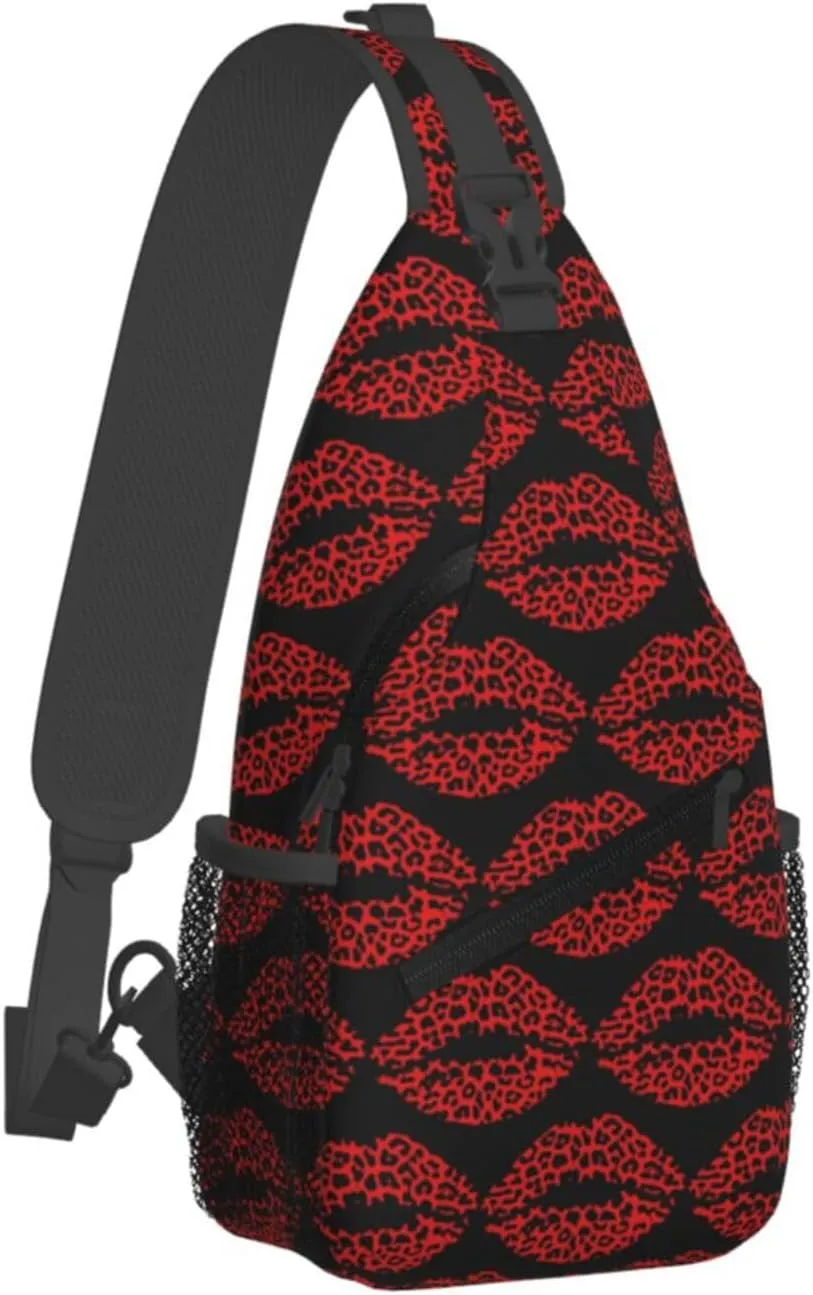 Red Black Leopard Lips Crossbody Bag Cross Chest Bag Adjustable Sling Backpack Sports Gym Shoulder Bags Travel Cycling Daypack Diagonally Casual Rucksack