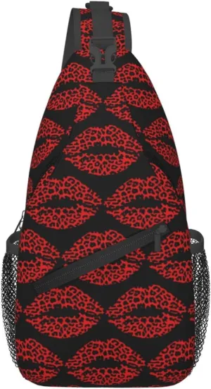 Red Black Leopard Lips Crossbody Bag Cross Chest Bag Adjustable Sling Backpack Sports Gym Shoulder Bags Travel Cycling Daypack Diagonally Casual Rucksack