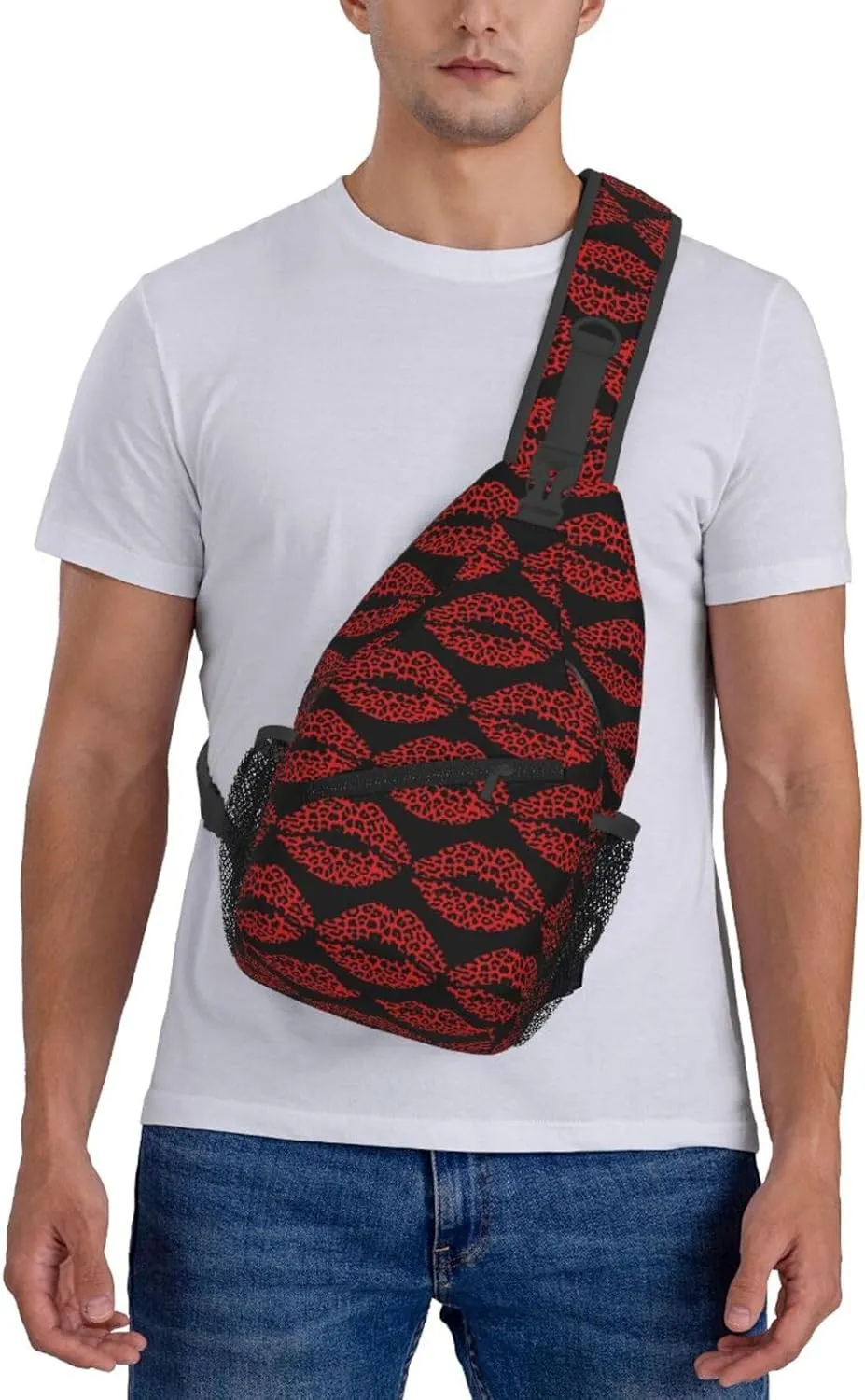 Red Black Leopard Lips Crossbody Bag Cross Chest Bag Adjustable Sling Backpack Sports Gym Shoulder Bags Travel Cycling Daypack Diagonally Casual Rucksack