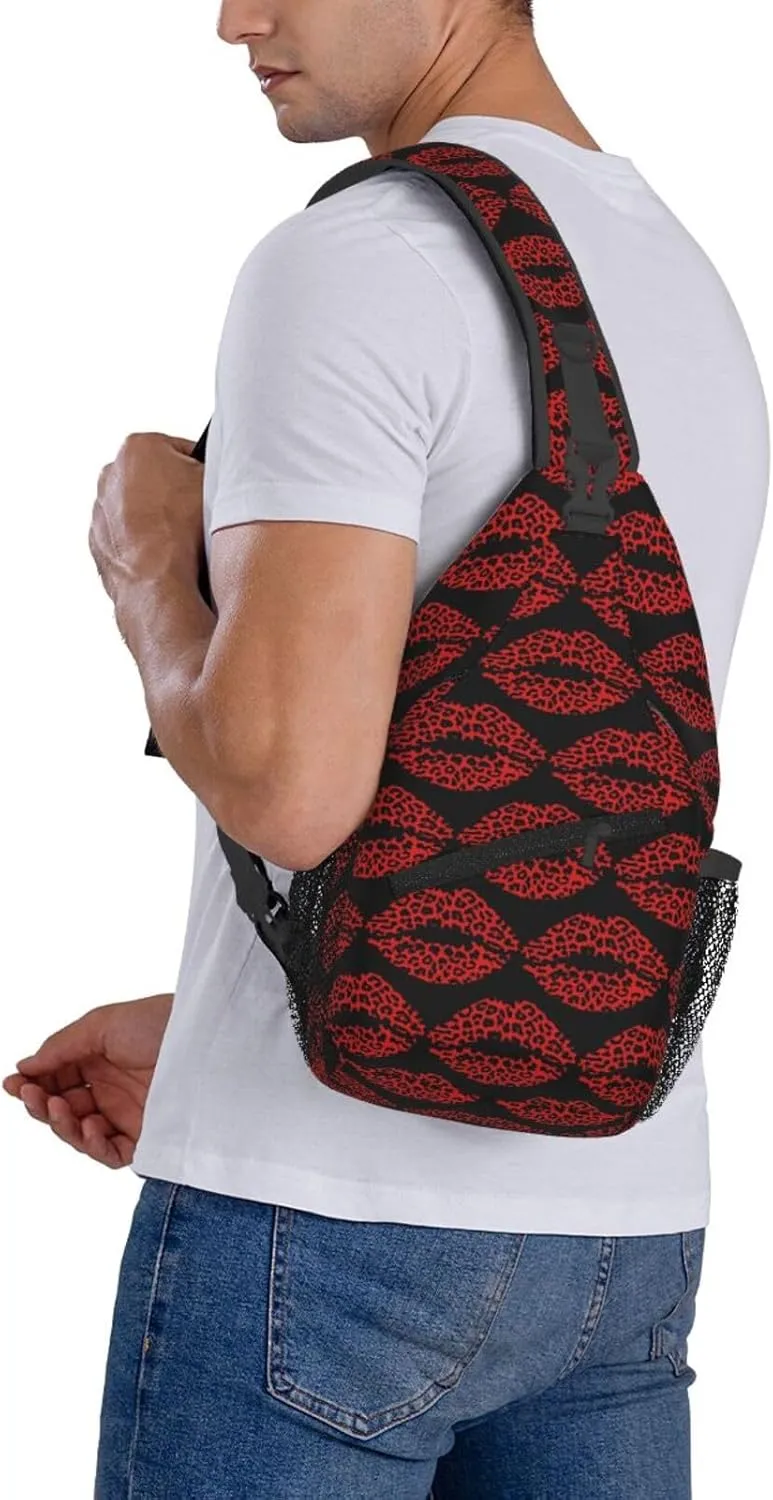 Red Black Leopard Lips Crossbody Bag Cross Chest Bag Adjustable Sling Backpack Sports Gym Shoulder Bags Travel Cycling Daypack Diagonally Casual Rucksack