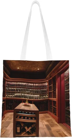 Red Wine Cellar Print Canvas Tote Bag Reusable Shoulder Shopping Bags For Daily Use Shopping Travel