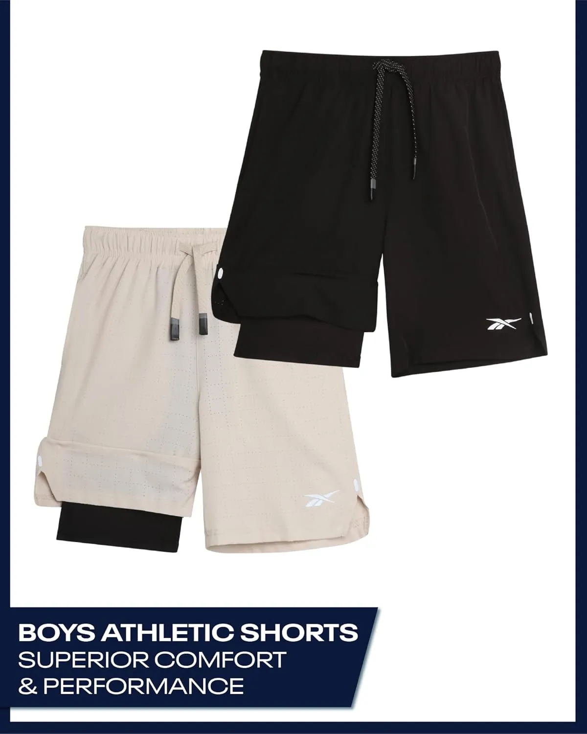 Reebok Boys Athletic Shorts 2 Pack – 2-in-1 Boys Basketball Shorts with Compression Liner – Quick Dry Running Shorts