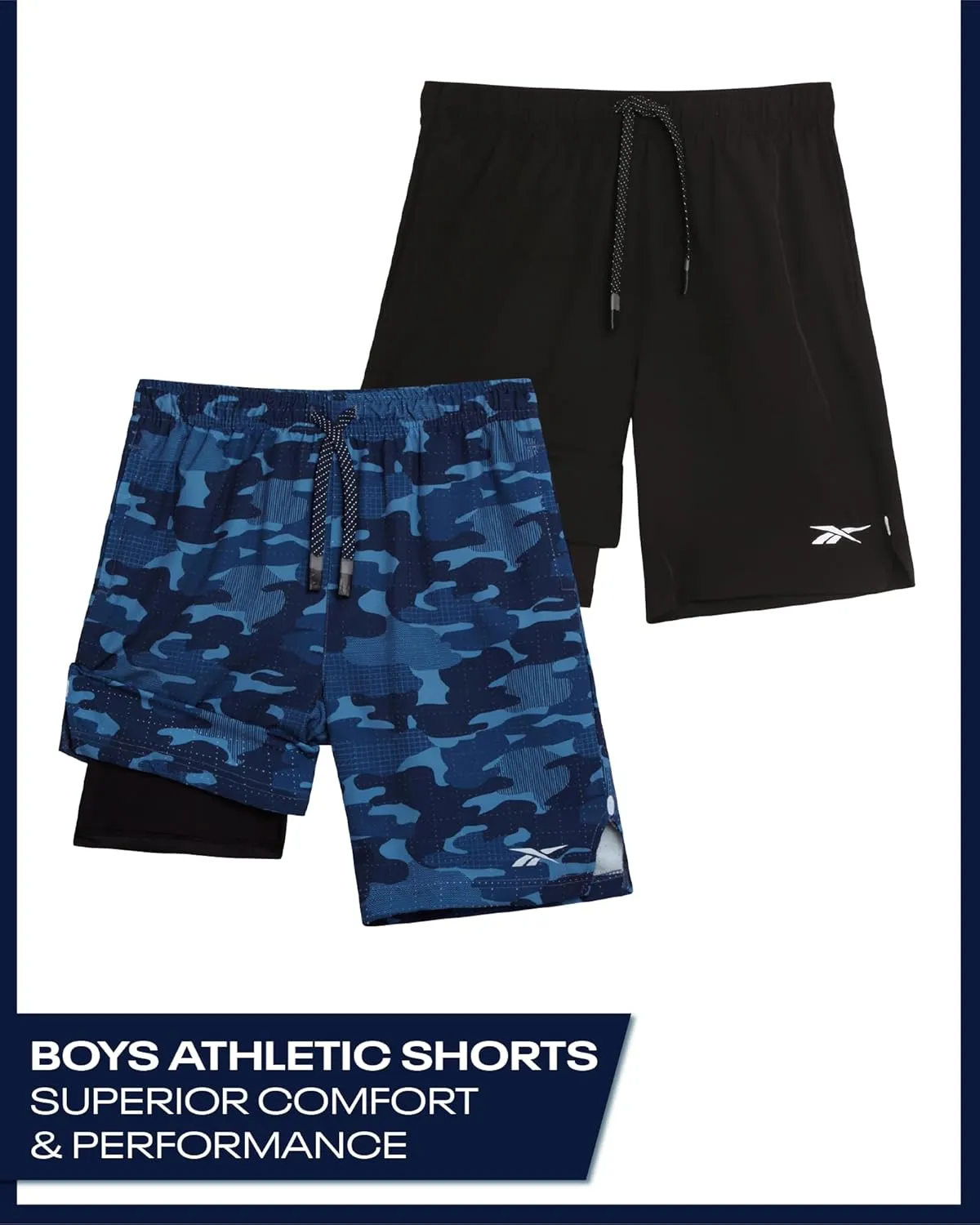 Reebok Boys Athletic Shorts 2 Pack – 2-in-1 Boys Basketball Shorts with Compression Liner – Quick Dry Running Shorts