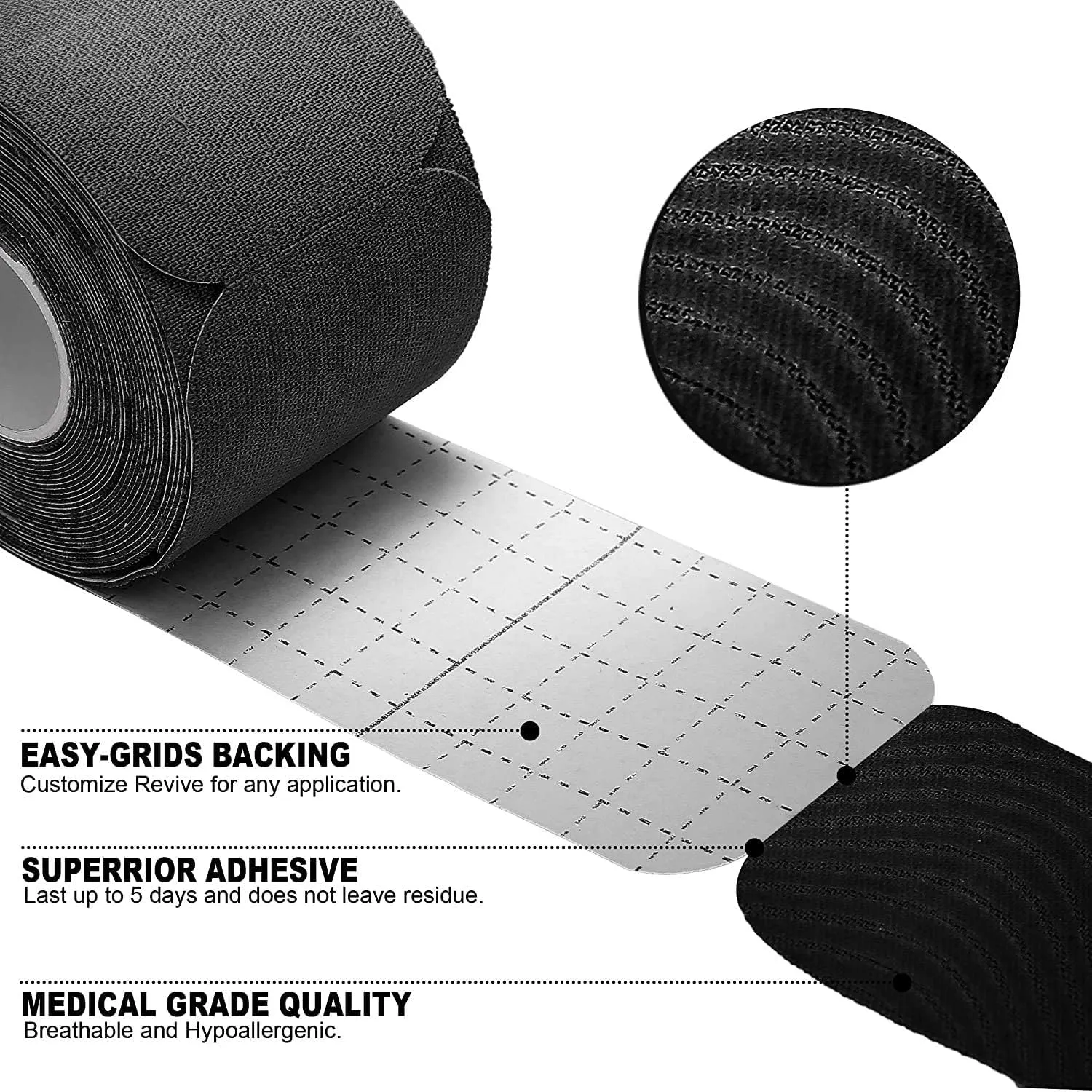REFUN Kinesiology Tape Precut (4 Rolls Pack), Elastic Therapeutic Sports Tape for Knee Shoulder and Elbow, Pain Relief, Waterproof, Latex Free, 2" x 16.5 feet Per Roll, 20 Precut 10 Inch Strips Black