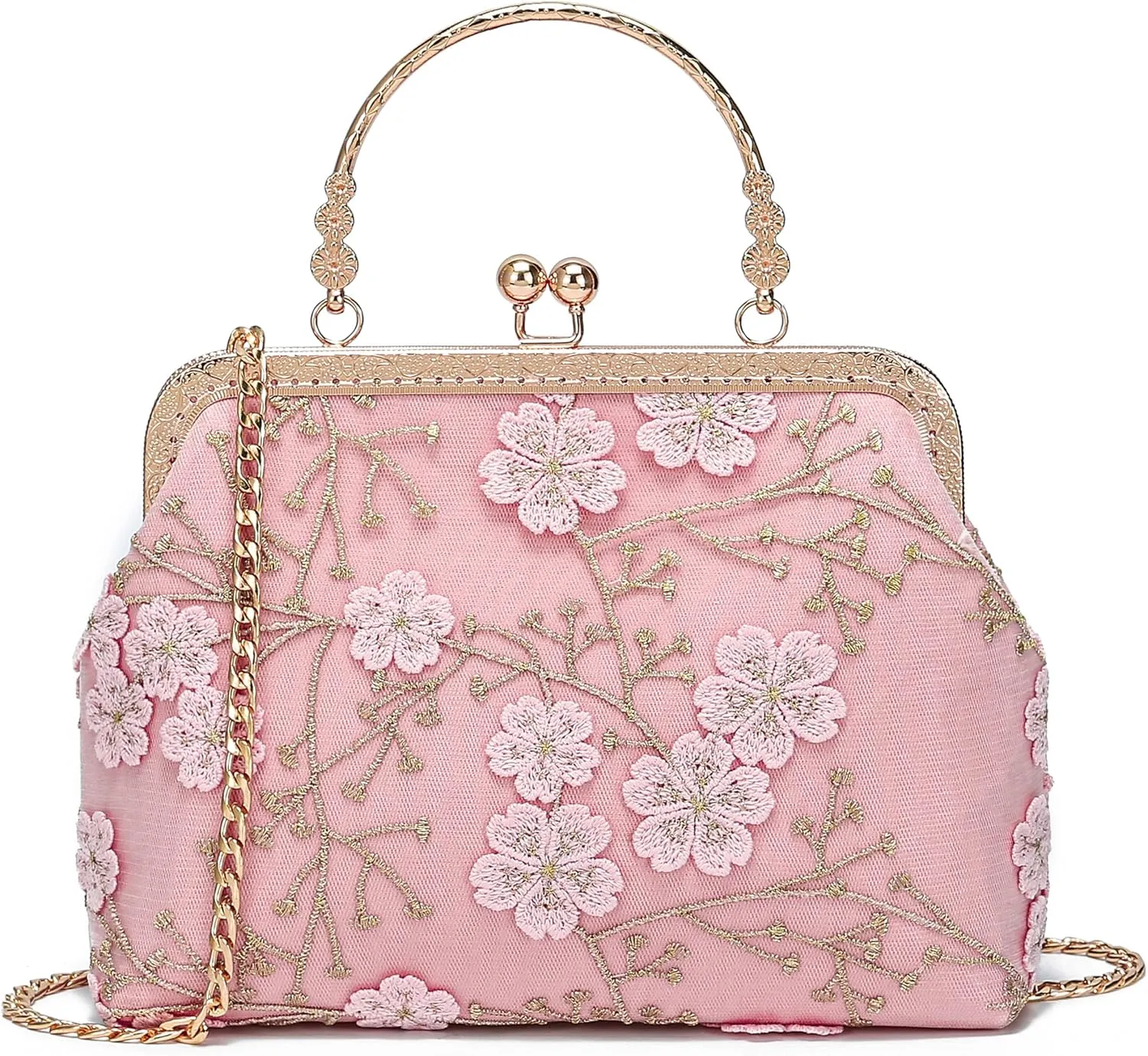 Rejolly Women Vintage Kiss Lock Top Handle Handbag Evening Purse Crossbody Shoulder Bag with Chain Strap
