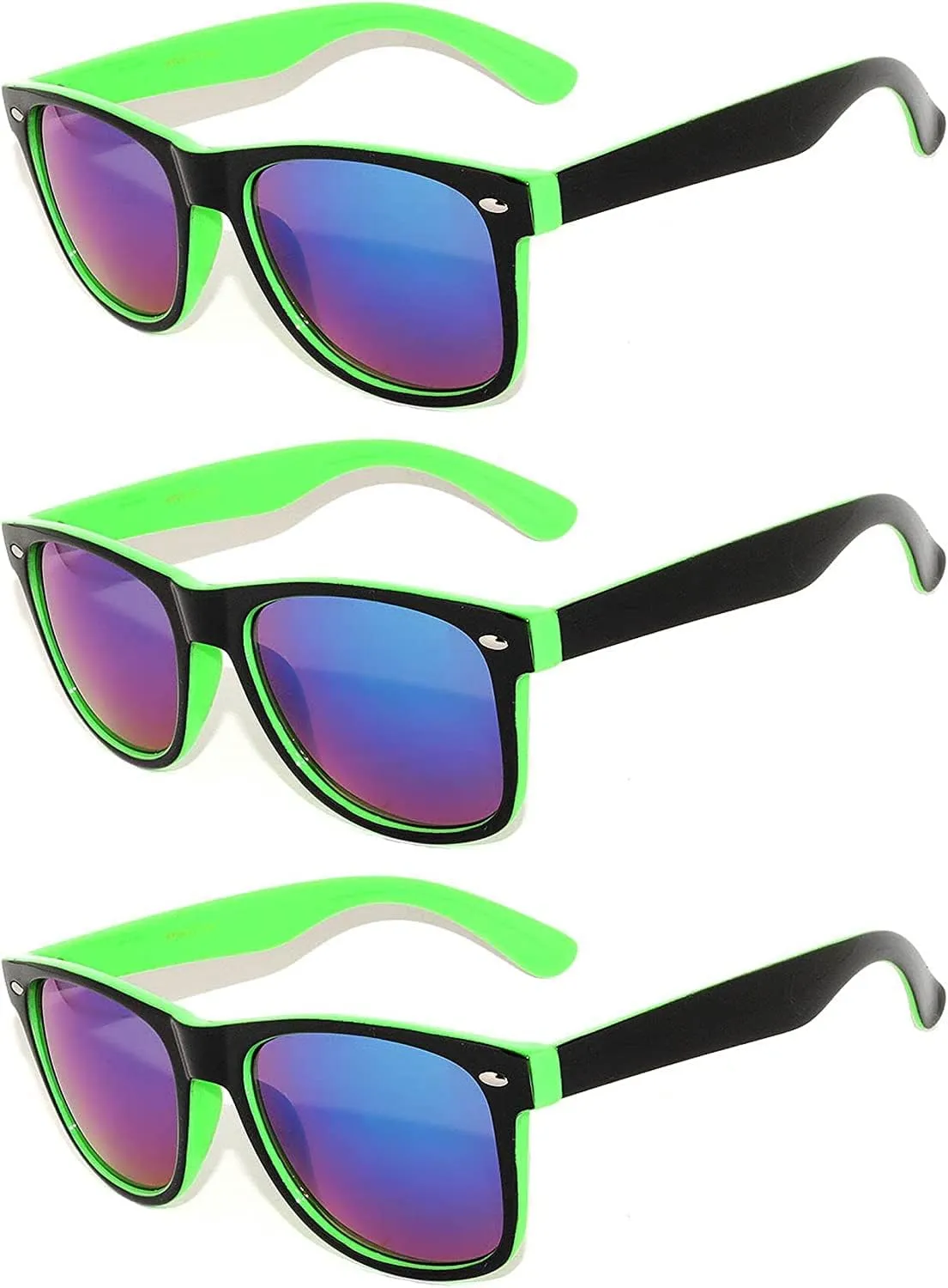 Retro 80's 2 Tone Frame Vintage Sunglasses Full Mirror Lens 3 Pack