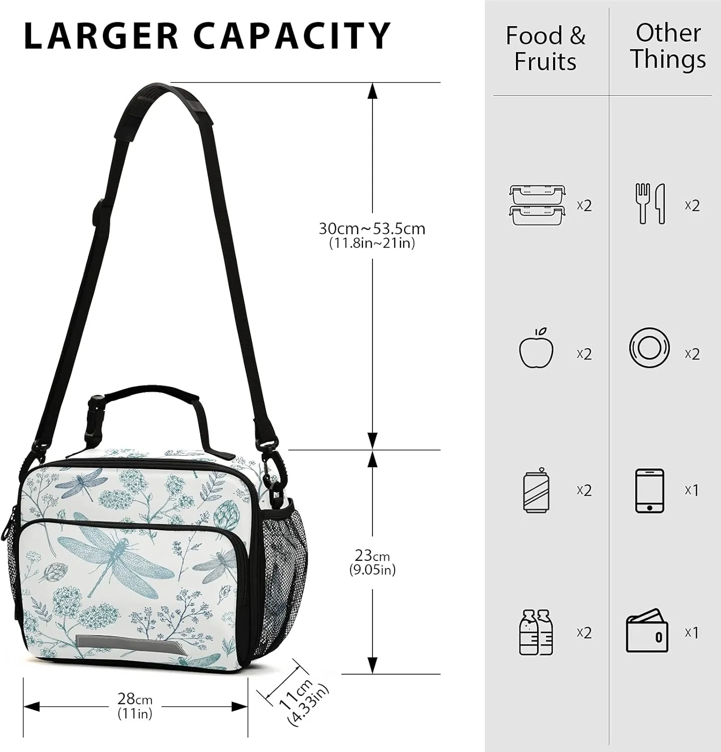 Retro Dragonfly Print Insulated Lunch Bag with Detachable Shoulder Strap & Carry Handle, Eco-friendly Cooler Bag Tote Bag,School Lunch Box for Teens,Men,Women